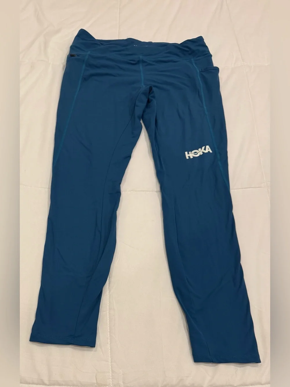 HOKA Women's Performance Crop Tight Blue Steel Teal Size Large Pocket Running